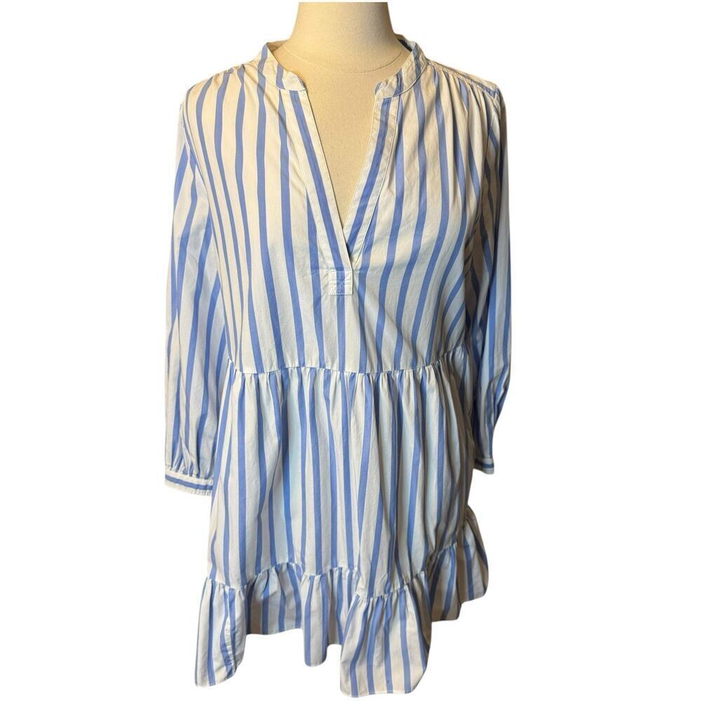 J. CREW Tiered Cotton Poplin Mini Dress Barrie Stripe Blue White Size Large